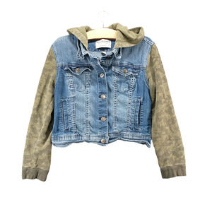 WallFlower Girls Hooded Denim Jean Jacket Blue Green Camo Large Layered Look